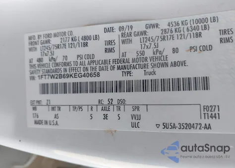 2019 Ford F-250 Xl из США, поврежденный, VIN 1FT7W2B69KEG40658